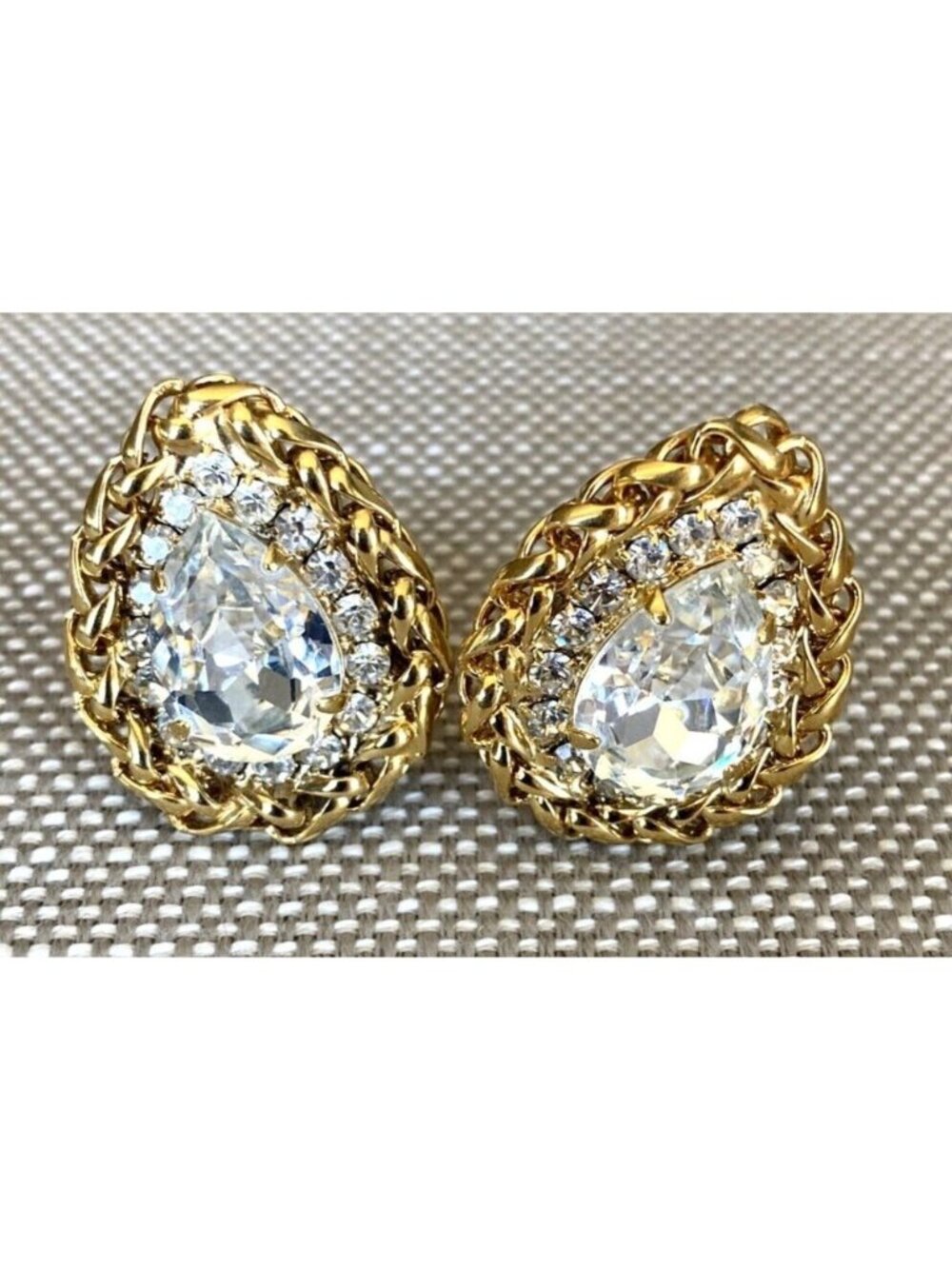 Vintage Statement Large Faceted Crystal Gold Tone Moda Bijoux Clip Earrings.